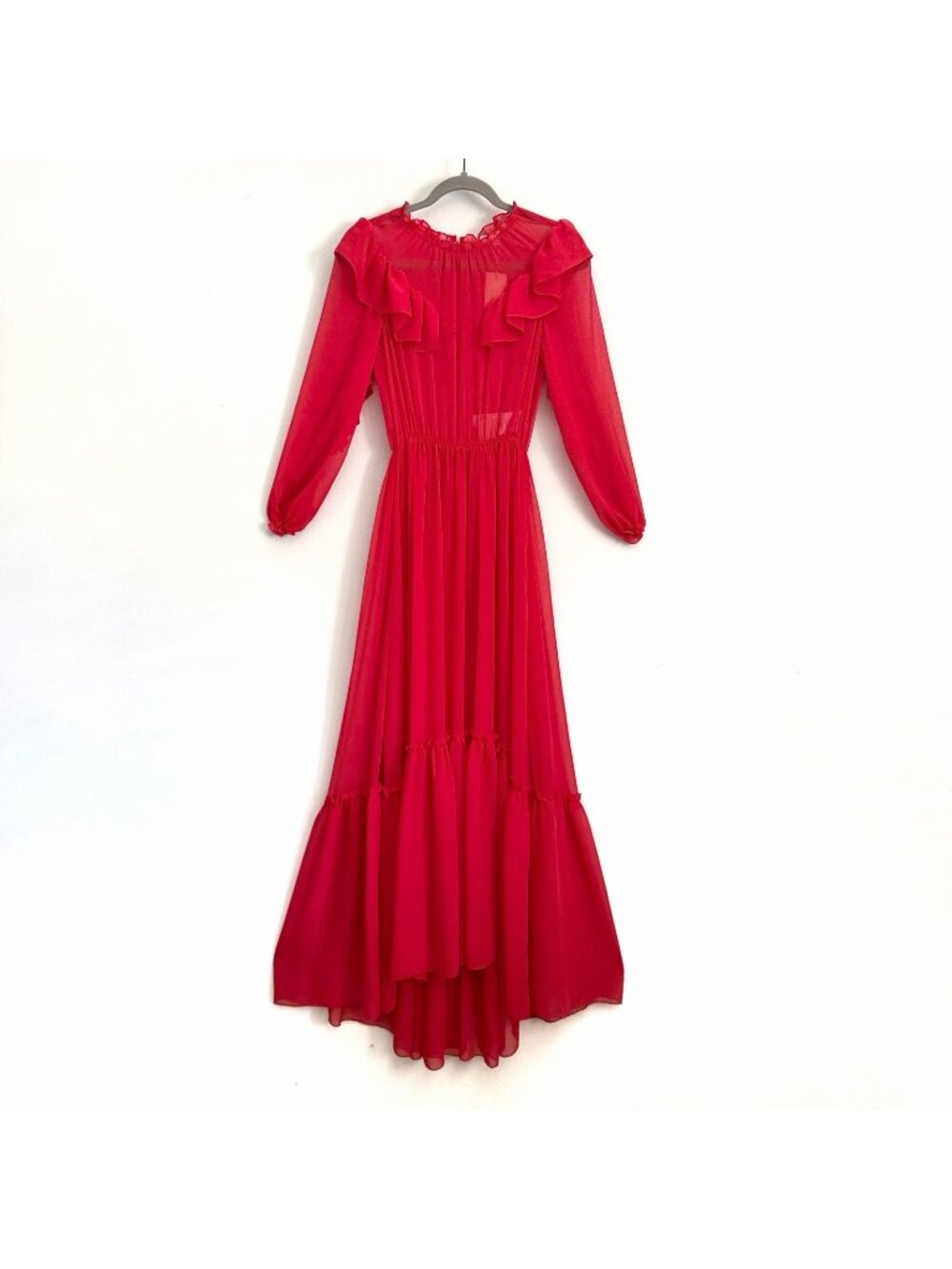 NEW Maje Red Rachana Ruffled Maxi Dress Long Sleeves Gown Women’s Sz 36 / Small